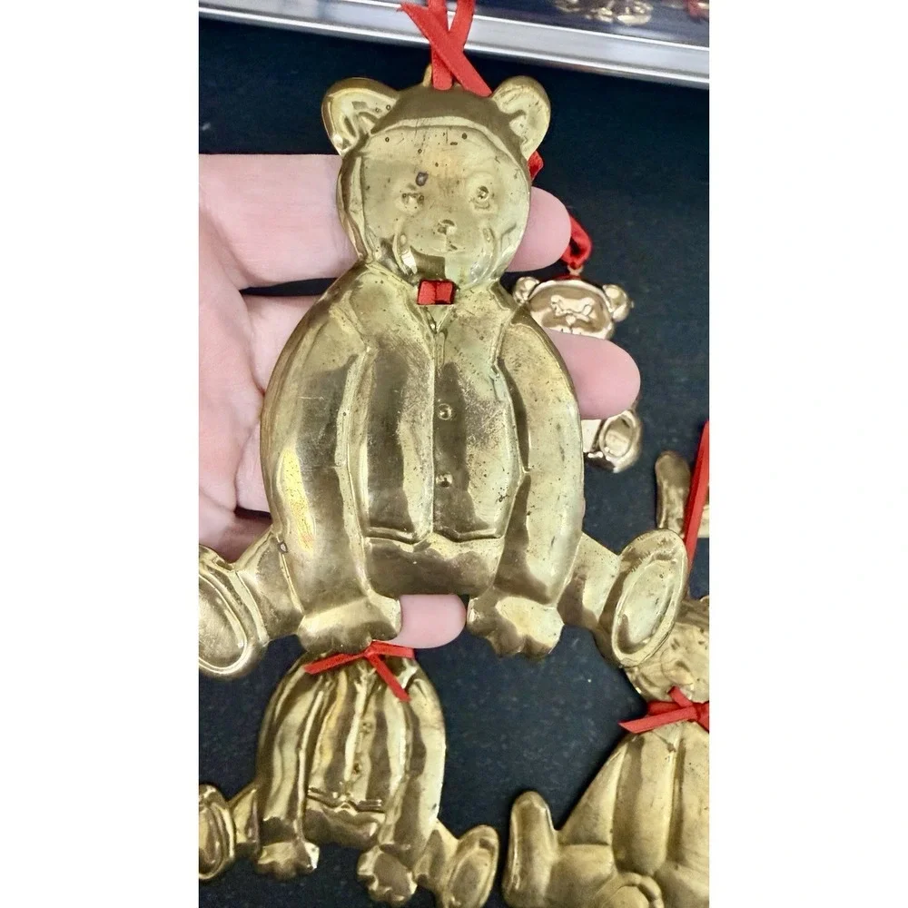 Lot Of 5 Vintage Department 56 Brass Teddy Bear Christmas Ornament Hanger 1984